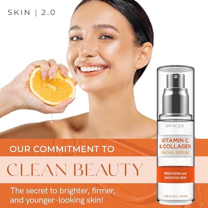 Skin 2.0 VITAMIN C SERUM WITH COLLAGEN - DERMATOLOGIST TESTED KOREAN CARE FOR DARK SPOTS & BRIGHTENING - ANTI AGING & ACNE FACIAL SERUM - CRUELTY FREE - FOR ALL TYPES - 1.69OZ (2PK) - Image 2